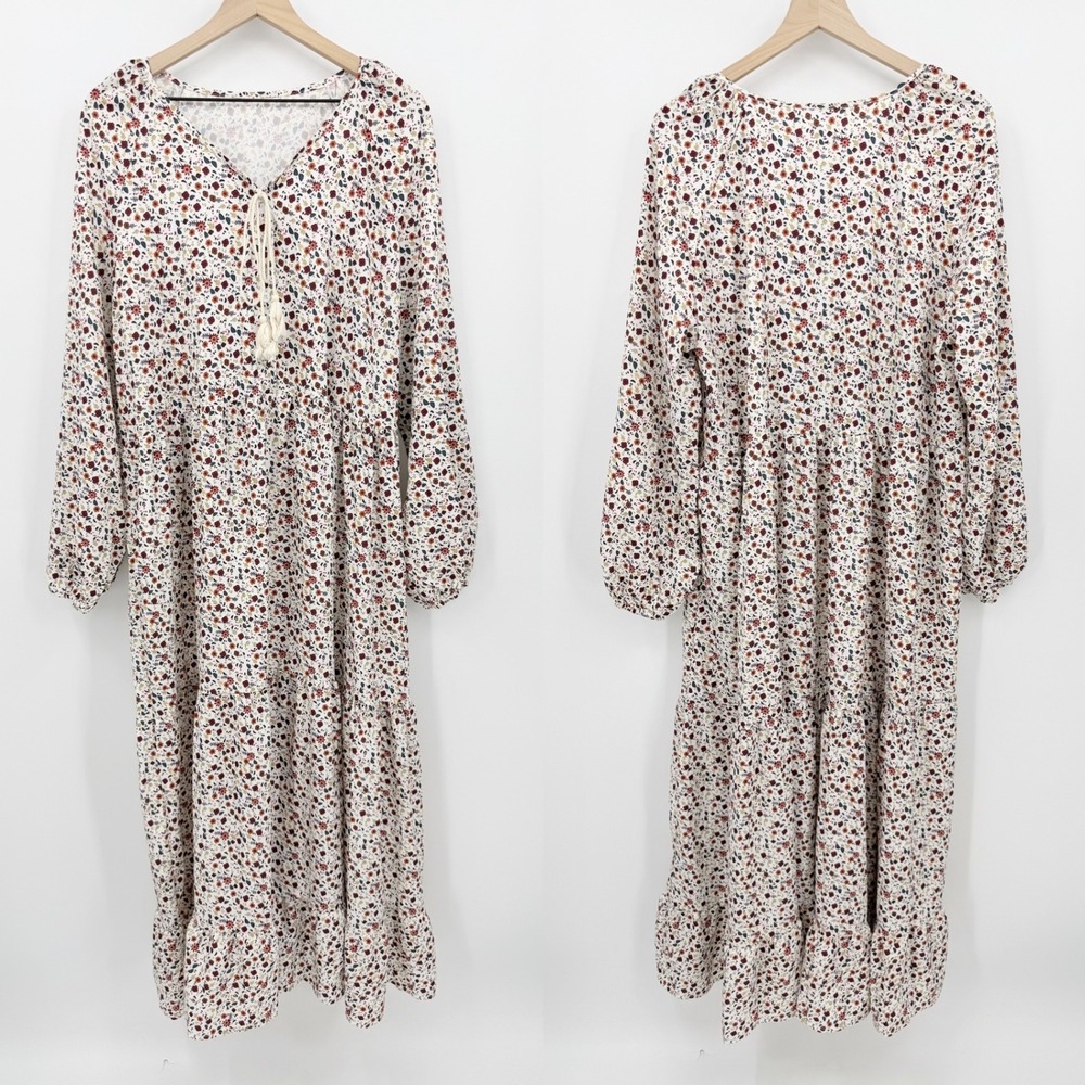 Floral Boho Maxi Dress XL Long Sleeve Tiered Tassel Tie Cottagecore Whimsical